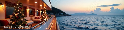 Ornate Christmas decorations on yacht's aft deck, panoramic ocean backdrop , panorama, ornate