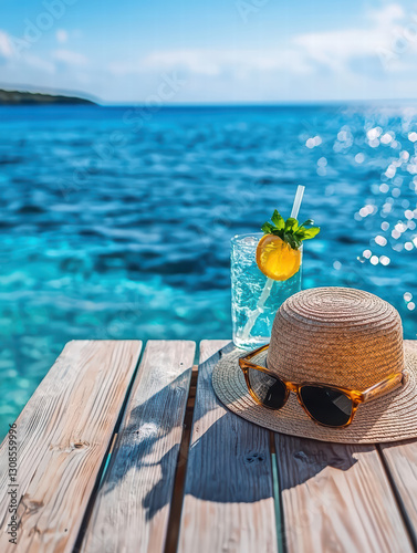 Coastal Bliss: A sun hat and sunglasses rest on a wooden pier, beside a refreshing drink with ocean waves. This photo captures the essence of relaxation and carefree leisure.