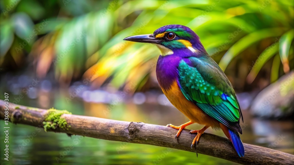 Vibrant feathered creature perched on a mossy branch near tranquil water, showcasing iridescent plumage in a lush green environment Vibrant feathered creature perched on a mossy branch near tranquil water, showcasing iridescent plumage in a lush green environment
