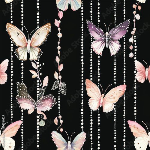 Butterflies with delicate pink and purple wings, on black background. watercolor flower seamless pattern. Watercolor print in rustic vintage style, textile or wallpapers.