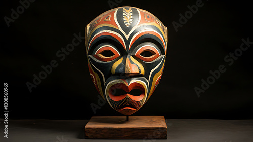 mask artistically designed with bold patterns and vibrant colors displayed on a wooden stand 