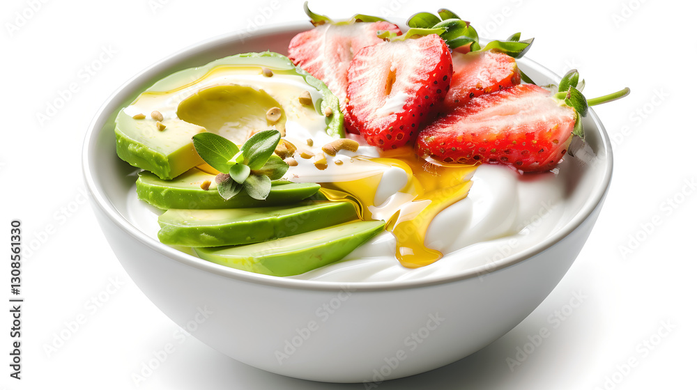 refreshing bowl of creamy yogurt topped with avocado, strawberries, and honey refreshing bowl of creamy yogurt topped with avocado, strawberries, and honey