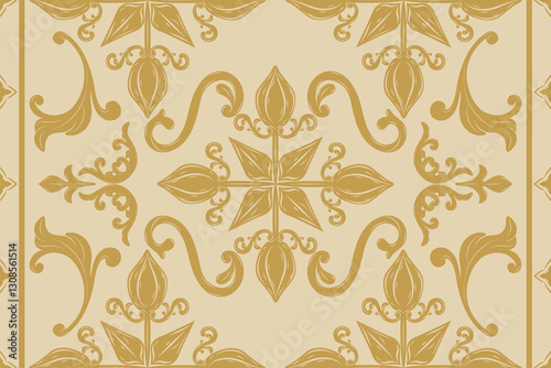 Timeless Luxury Gold Scroll Ornament Exquisitely Seamless Pattern Decoration. Two way Repeat Canvas and Border with Elegance Design. Curly Victorian Art Damask Embroidery Haute Couture on Yellow BG.