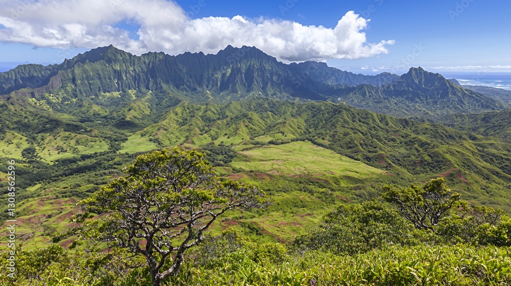 Naklejka premium Lush Green Mountain Valley Landscape with Ocean View