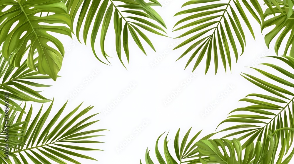Lush Green Palm Leaves Frame on White Background Lush Green Palm Leaves Frame on White Background