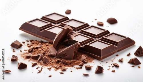 A broken dark chocolate bar with scattered crumbs on a white background, creating a tempting and indulgent image that invites the viewer to enjoy its rich texture and deep flavor.
