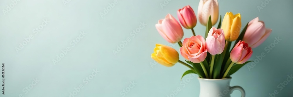 Naklejka premium Pastel tulips, lilies, and roses in a ceramic vase Easter decor , pastel floral, pastel spring