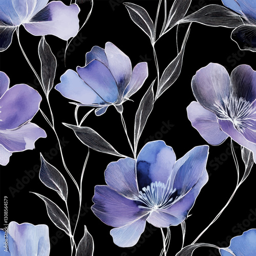 Painting of purple and blue flowers on a black background, watercolor flower seamless pattern. Watercolor print in rustic vintage style, textile or wallpapers.