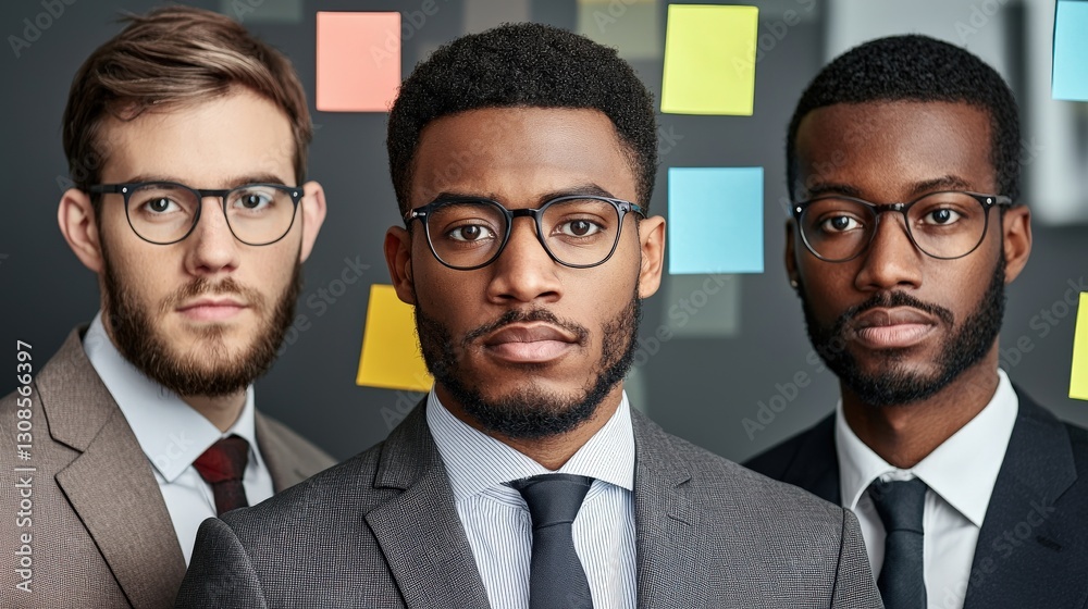 Three men in suits with glasses against a colorful backdrop. Three men in suits with glasses against a colorful backdrop.