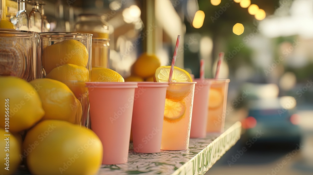Fototapeta premium Pink Cafe Lemonade: A Refreshing Summer Pair in Ribbed Cups with Citrus Garnish