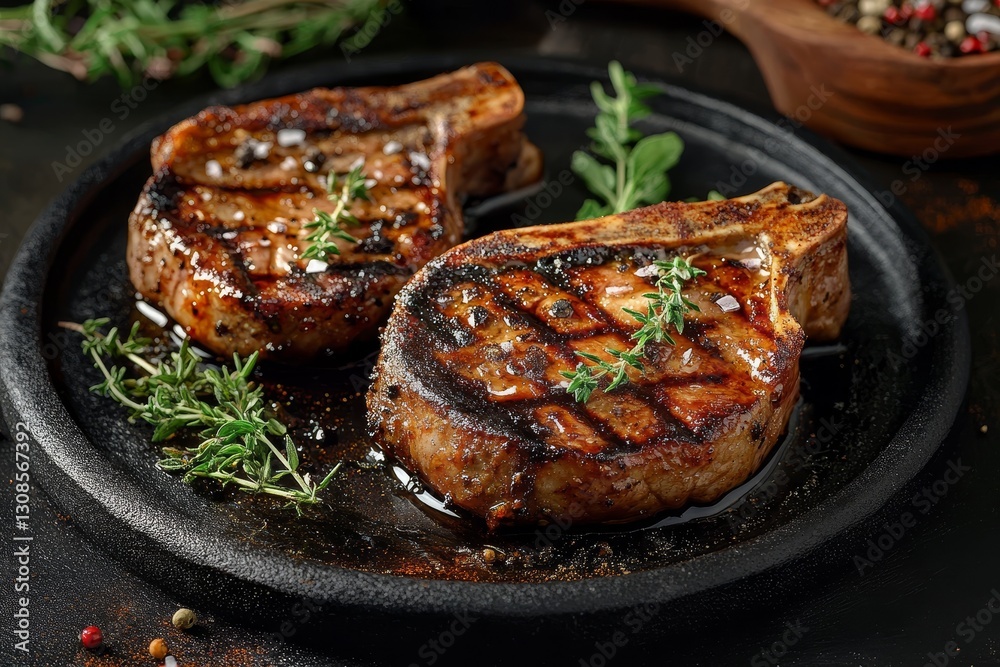 Grilled Pork Chops on Black Plate, Herbs, Salt and Pepper - Close Up, Pork, FoodPhotography Grilled Pork Chops on Black Plate, Herbs, Salt and Pepper - Close Up, Pork, FoodPhotography