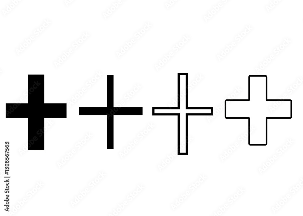Obraz premium Four simple plus symbols arranged horizontally on a plain background.