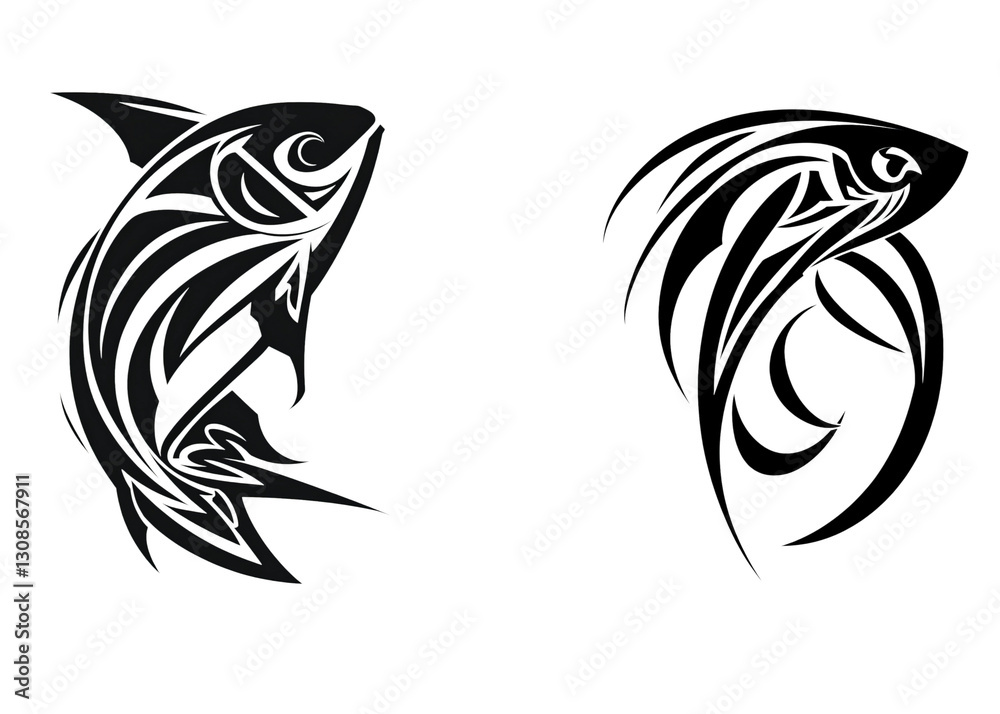 Obraz premium Two artistic black fish designs, showcasing intricate tribal patterns and flowing lines.