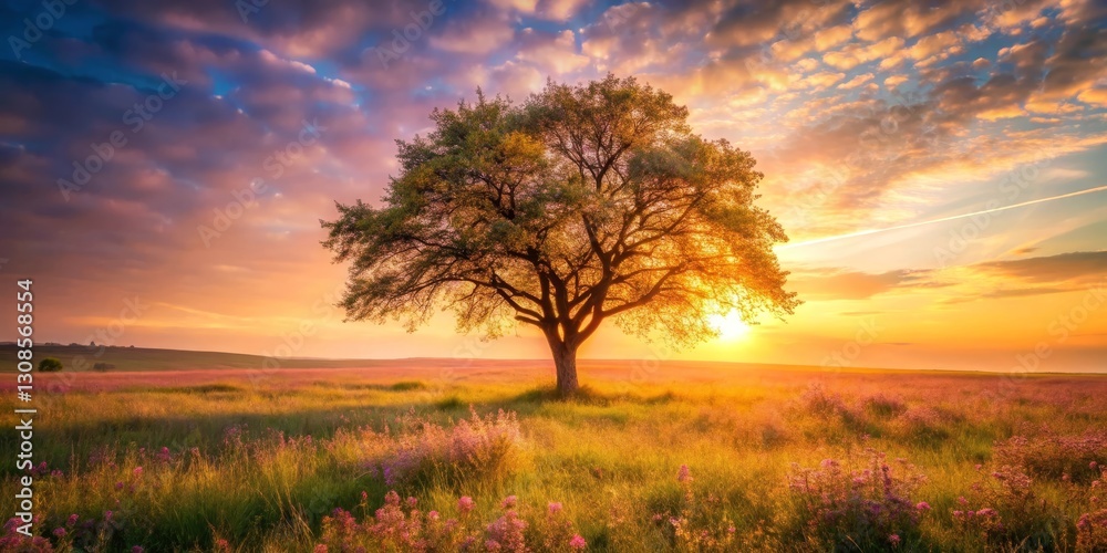 Obraz premium Serene Sunset Landscape Featuring a Solitary Tree in a Vibrant Wildflower Meadow