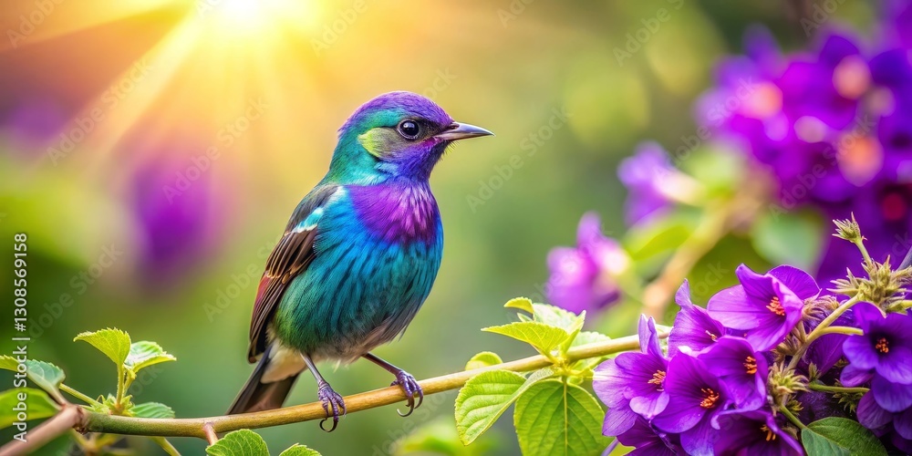 Vibrant iridescent bird perched on a branch amidst a profusion of vivid purple blossoms, bathed in the warm glow of sunlight Vibrant iridescent bird perched on a branch amidst a profusion of vivid purple blossoms, bathed in the warm glow of sunlight