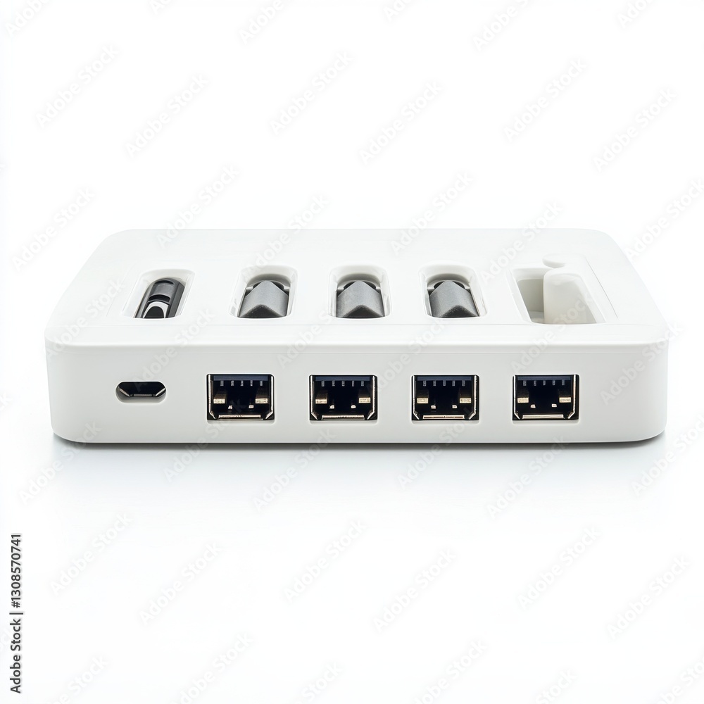 USB power strip with multiple outlets for charging devices in personal workspace USB power strip with multiple outlets for charging devices in personal workspace