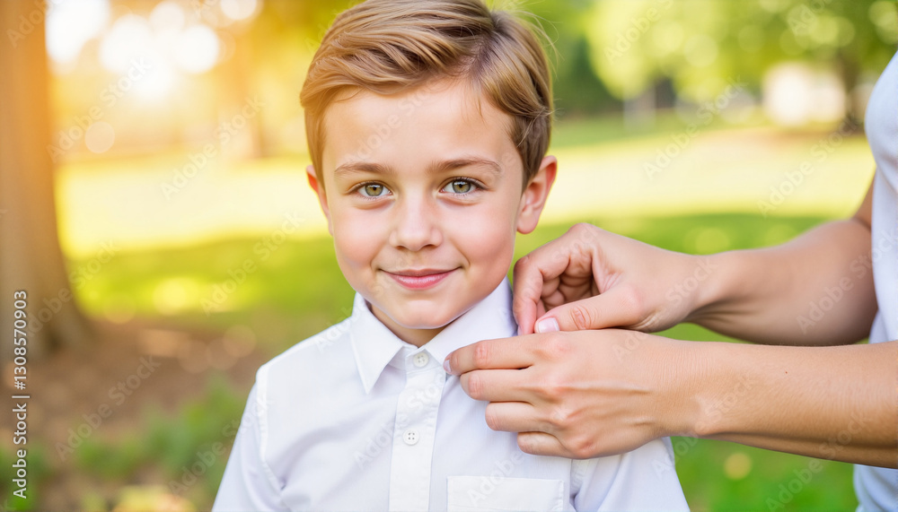 Child smiling while buttoning shirt in a park for blogs, websites, family-themed designs, educational materials, and children's clothing promotions Child smiling while buttoning shirt in a park for blogs, websites, family-themed designs, educational materials, and children's clothing promotions