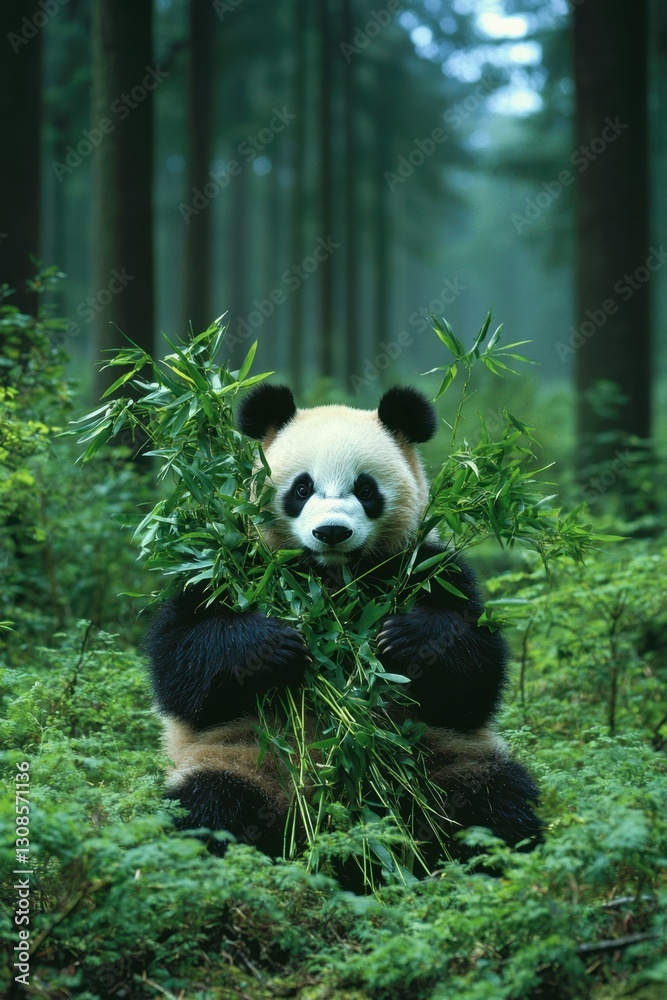 Fototapeta premium A cute panda sits in a lush forest, holding bamboo, surrounded by greenery, showcasing its playful nature and natural habitat.