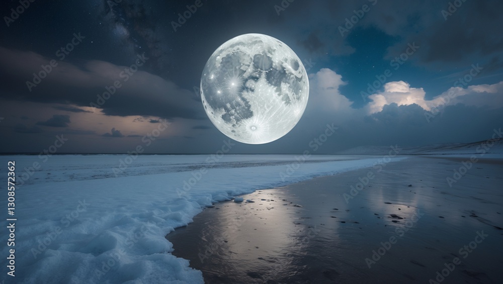 Fototapeta premium The full moon is a magnificent sight, casting a gentle, silvery light across the night sky, creating a sense of calm and wonder. As it rises above the horizon, its luminous glow illuminates the dark 