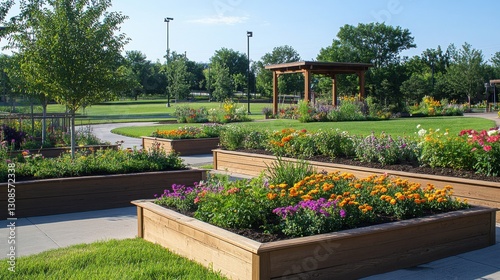 Fototapeta Naklejka Na Ścianę i Meble -  Scenic community park featuring vibrant raised flower beds and lush greenery during a sunny afternoon