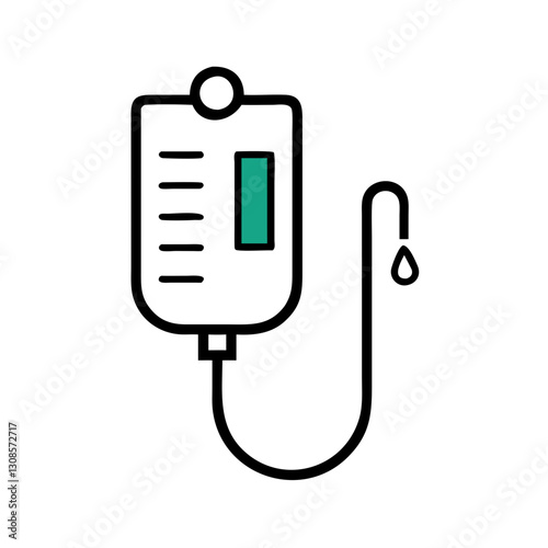 IV drip bag with fluid flowing against a white background