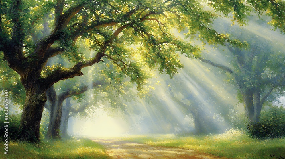 Sunbeams Streaming Through Lush Green Forest Path Sunbeams Streaming Through Lush Green Forest Path