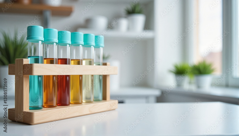 Colorful test tubes in a wooden rack on a bright surface for educational materials, science blogs, laboratories, experimental designs, health presentations, and informative articles Colorful test tubes in a wooden rack on a bright surface for educational materials, science blogs, laboratories, experimental designs, health presentations, and informative articles