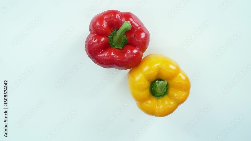 On a white background, red paprika and yellow paprika