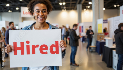Smiling woman holding a 'Hired' sign during a job fair in a busy event space for career blogs, recruitment websites, motivational materials, and professional workshops