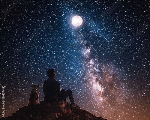 Boy, dog, starry night, hilltop view