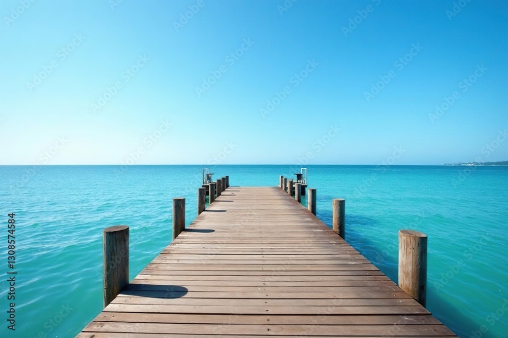 Fototapeta premium Wooden pier stretches over calm waters beneath blue sky, clear, calm, pier