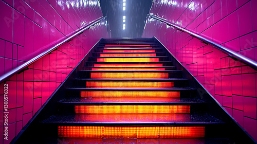 Illuminated Staircase in Futuristic Underground Environment with Vibrant Lighting