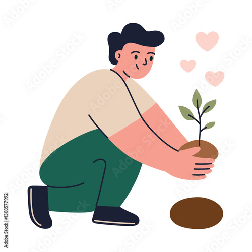 Vector illustration of volunteer planting tree, environmental care, sustainability, and community efforts. Composition with cartoon man for ecology, social responsibility, Earth Day, green initiatives