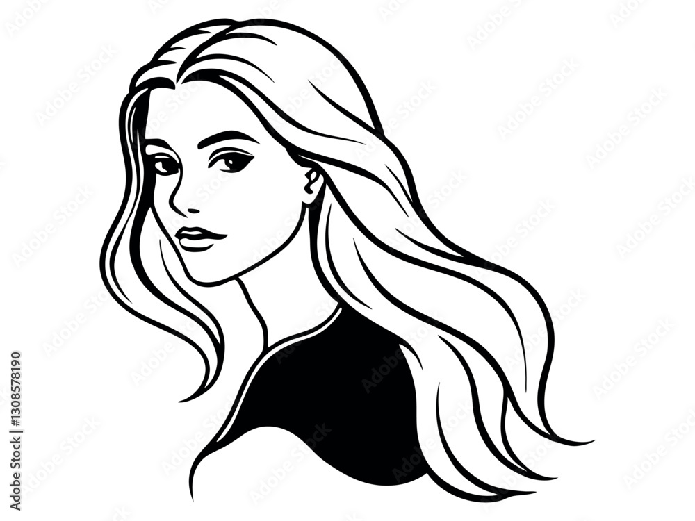 Silhouette of a beautiful girl in profile with long hair. Beautiful profile of young woman. Decorative fashion girl for beauty salon design. Young girl with wavy, thick hair. Vector hair style icon Silhouette of a beautiful girl in profile with long hair. Beautiful profile of young woman. Decorative fashion girl for beauty salon design. Young girl with wavy, thick hair. Vector hair style icon