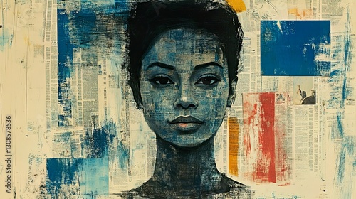Blue abstract portrait presents a modern painting of a woman. Artistic expression highlights the female figure. Striking collage texture in contemporary style, ideal for editorial or graphic design