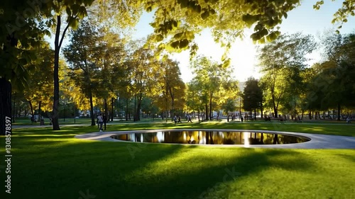 Serene park scene at sunset with people enjoying leisure time around a reflective pond