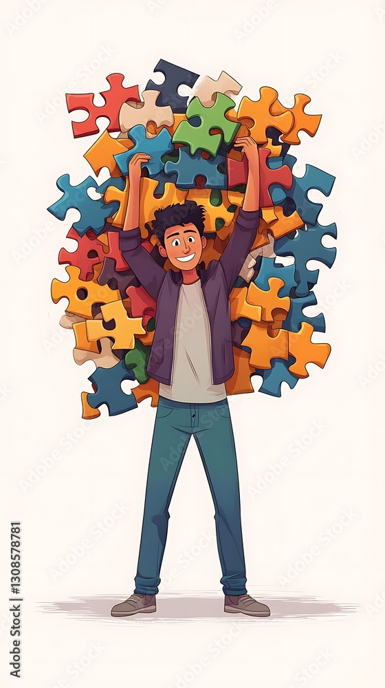 Man Holding Puzzle Pieces, Success, Colorful, Overwhelmed Man Holding Puzzle Pieces, Success, Colorful, Overwhelmed