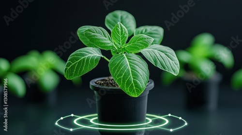 Vibrant Basil in Focus: A lush, vibrant basil plant, thriving in a small pot and illuminated by an ethereal glow against a dark background. This captures the essence of growth and freshness.