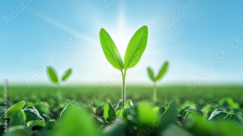 Germination in Sunlight: A close-up shot captures vibrant green shoots of a plant emerging from the soil, bathed in the warm, life-giving embrace of sunlight. photo