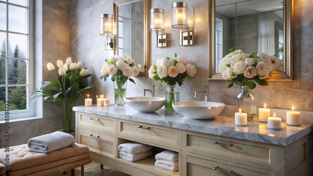 Elegant Bathroom with Flowers, Mirrors, and Soft Candlelight Ambiance Elegant Bathroom with Flowers, Mirrors, and Soft Candlelight Ambiance