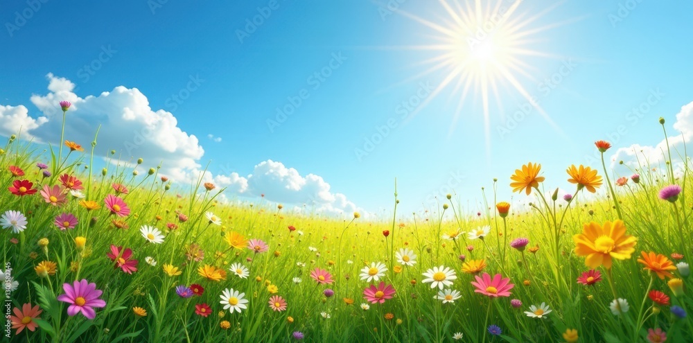 Sun-drenched wildflowers carpet meadow, vast blue sky above , blue, rural Sun-drenched wildflowers carpet meadow, vast blue sky above , blue, rural