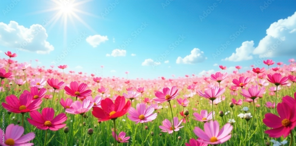 A vibrant field of cosmos flowers under a clear blue sky , sky, landscape, flora A vibrant field of cosmos flowers under a clear blue sky , sky, landscape, flora