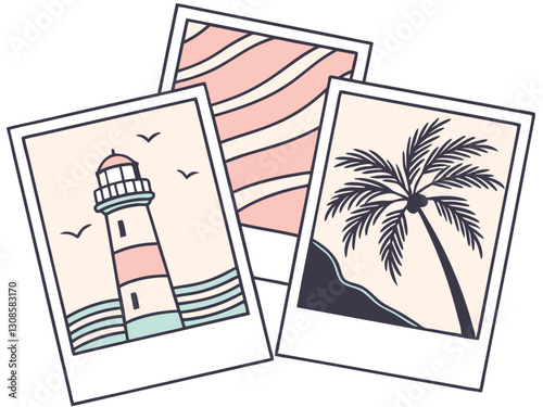 Charming Polaroid-style images of a lighthouse and palm tree, perfect for summer decor.