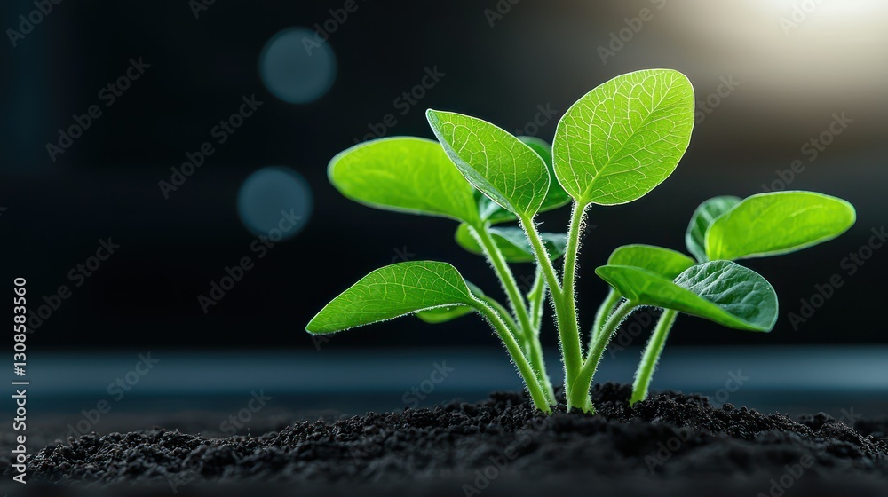 Naklejka premium Sprout of Life: A vibrant green sprout emerging from dark, fertile soil, symbolizing growth and renewal, against a blurred backdrop.