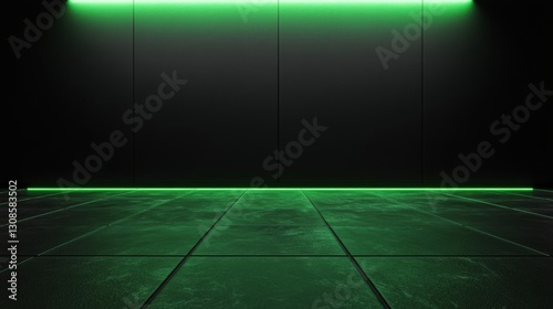 Dark room with tile floor, empty and dark, illuminated by green light from the right side of the frame. The background is a wall panel. In an elevator or corridor. Black background. High resolution.