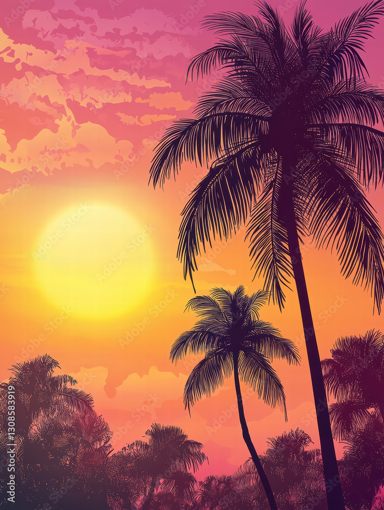 Obraz premium Sunset Paradise: Witness a vibrant sunset over a tropical paradise, with silhouettes of palm trees swaying in the warm evening breeze, evoking a sense of serenity and vacation.
