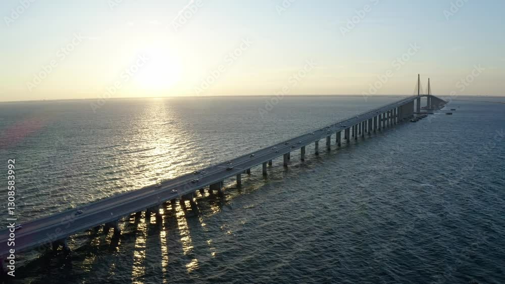 The Sunshine Skyway Bridge extends across the Gulf of Mexico as the morning sun rises, casting golden reflections on the calm waters below. The Sunshine Skyway Bridge extends across the Gulf of Mexico as the morning sun rises, casting golden reflections on the calm waters below.