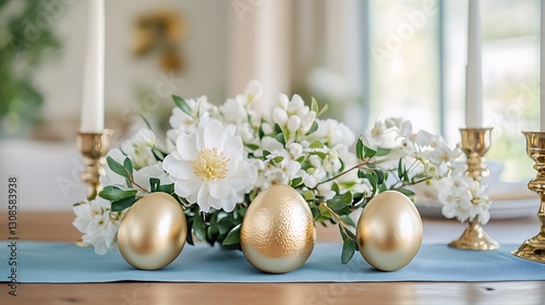 Elegant Easter decor with golden textured egg sculptures, a pastel blue runner, white floral arrangement, and candle holders on a rustic wooden table

 photo