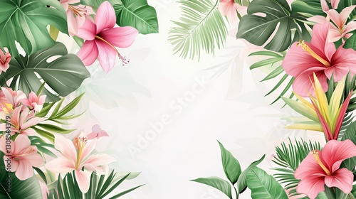Wallpaper Mural Pink Hibiscus and Tropical Leaves Frame on White Background Torontodigital.ca