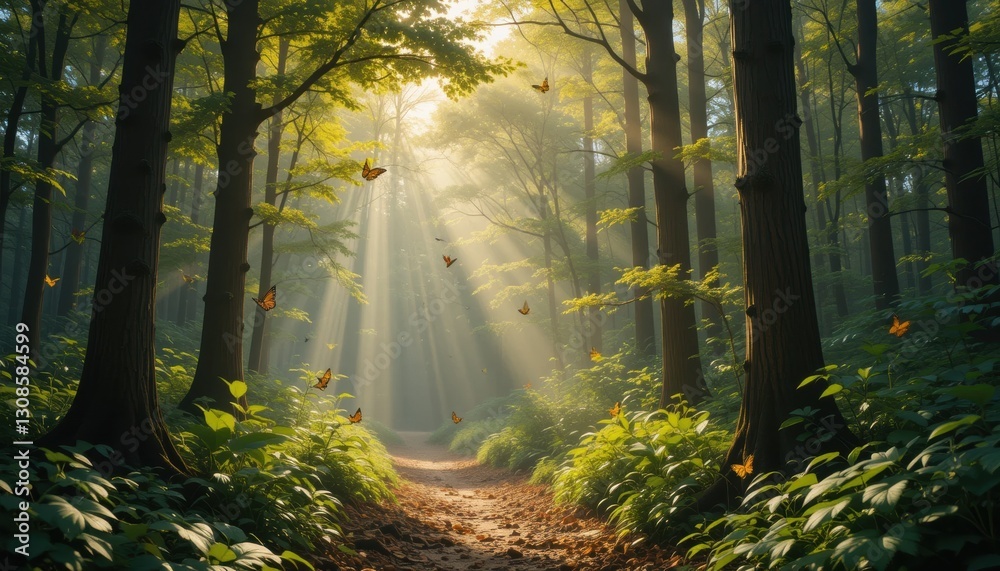 Obraz premium Majestic sunlight filtering through trees enchanted forest nature scene serene environment ground-level view tranquility concept